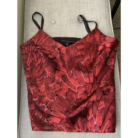 White House Black Market- Red EMBROIDERED SEQUIN CAMISOLE, Size Medium- PreOwned - Picture 6 of 12